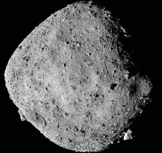 The gray, rocky surface of asteroid Bennu.
