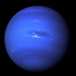 Neptune is a bright, deep blue in this image.