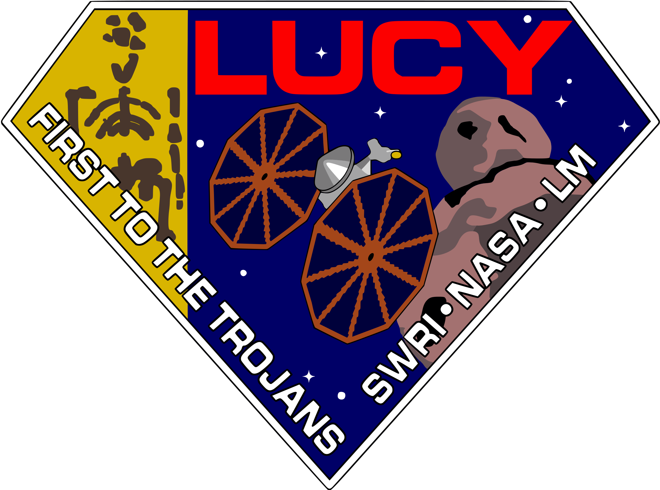 The Lucy logo says "first to the Trojan asteroids. It features an outline of the Lucy skeleton, the spacecraft and Trojan asteroids in the backgorund.
