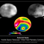 Upper left: a mottled grey and white spheroid. Center: Vesta's crater is revealed in colors of red, yellow, green, blue, and white. Right: a mottled spheroid, darker than the one at left, in grey, white, and black.