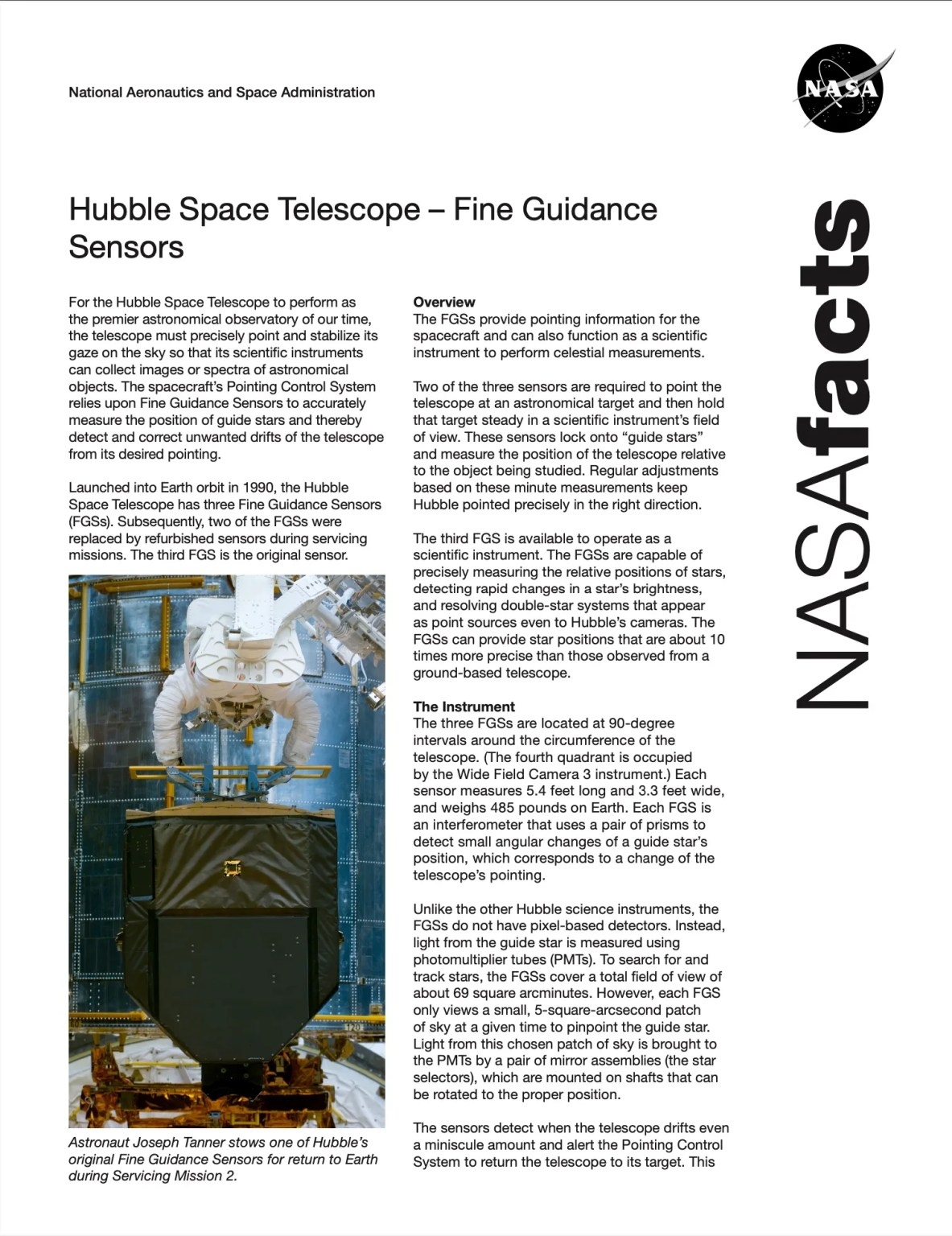 The front of a standard NASA fact sheet that focuses on Hubble's fine guidance sensors.