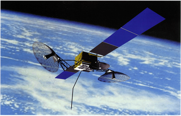 A communications satellite flying over earth.