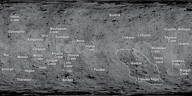 This map shows the various surface features on Bennu with names approved by the International Astronomical Union (IAU).
