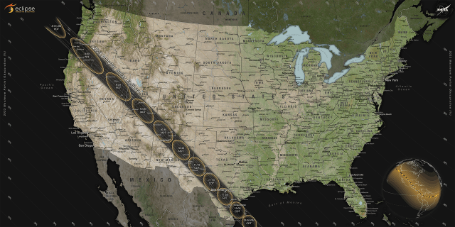 Illustrated map of the United States shows the path of the 2023 eclipse. The path crosses from Oregon down through Texas, exiting over the ocean.