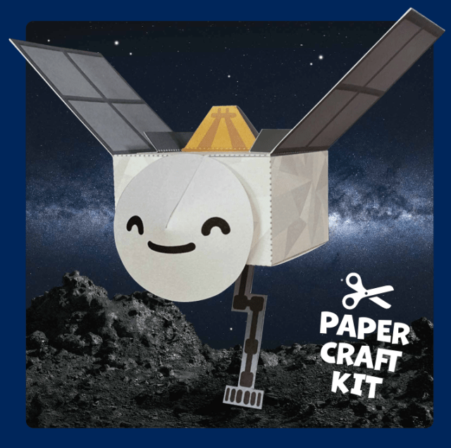 An animated paper-like spacecraft is shown with a smiley face. A starry sky is shown in the background, with a rocky surface in the foreground.