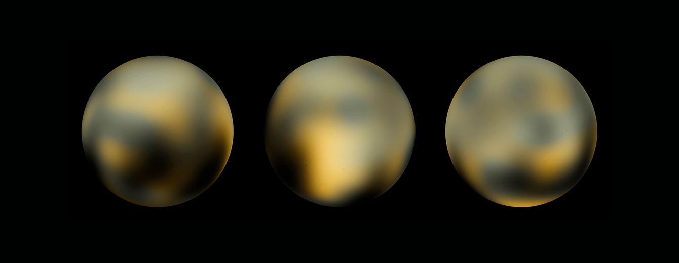 Three views of Pluto. Three mottled circles in colors of yellow, grey, rusty-orange, and black.