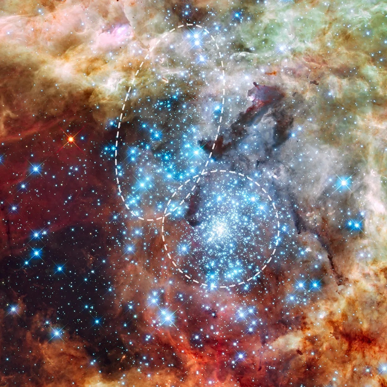 Astronomers using data from NASA's Hubble Space Telescope have caught two clusters full of massive stars that may be in the early stages of merging.