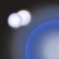 Two white spheres next to each other and in orbit around a larger white sphere that fades to blue.