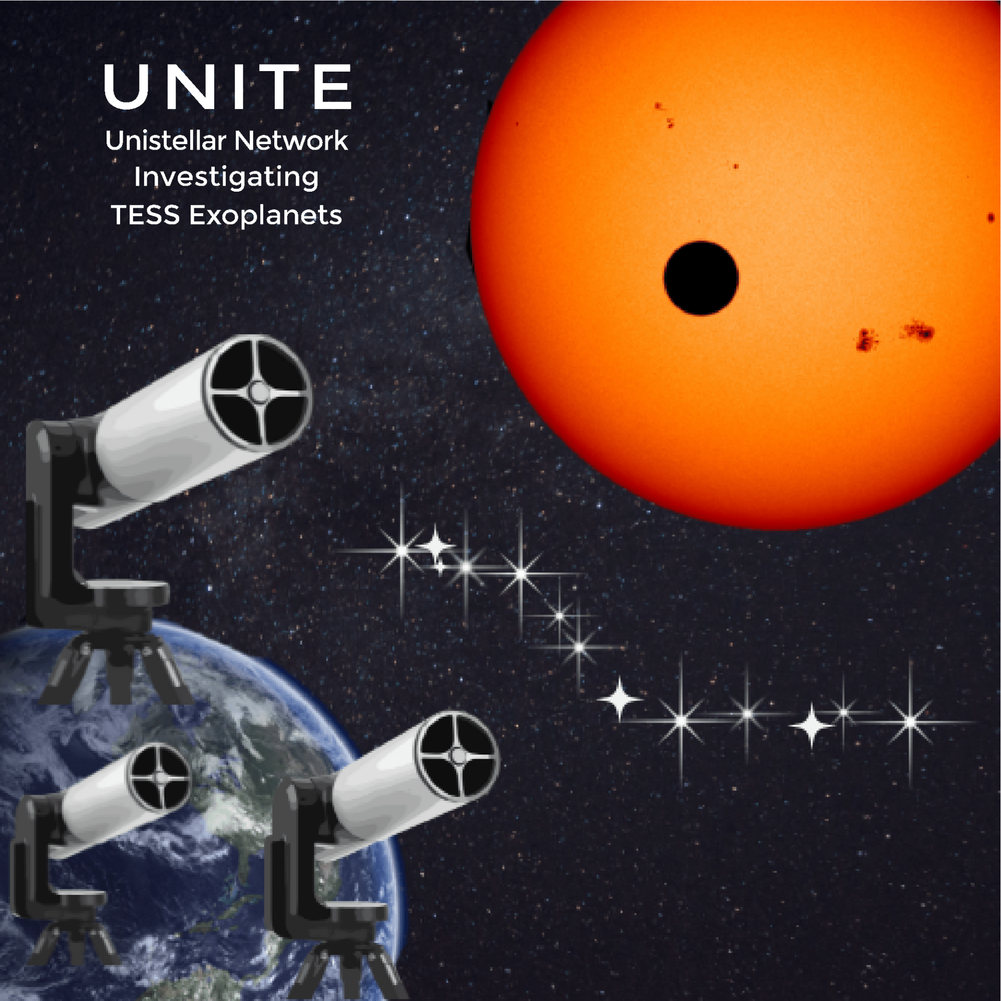 Square image with a bright orange sun in the upper right corner, the earth in the lower left corner with 3 telescopes floating around it and the title reads UNITE Unistellar Network Investigating TESS Exoplanets