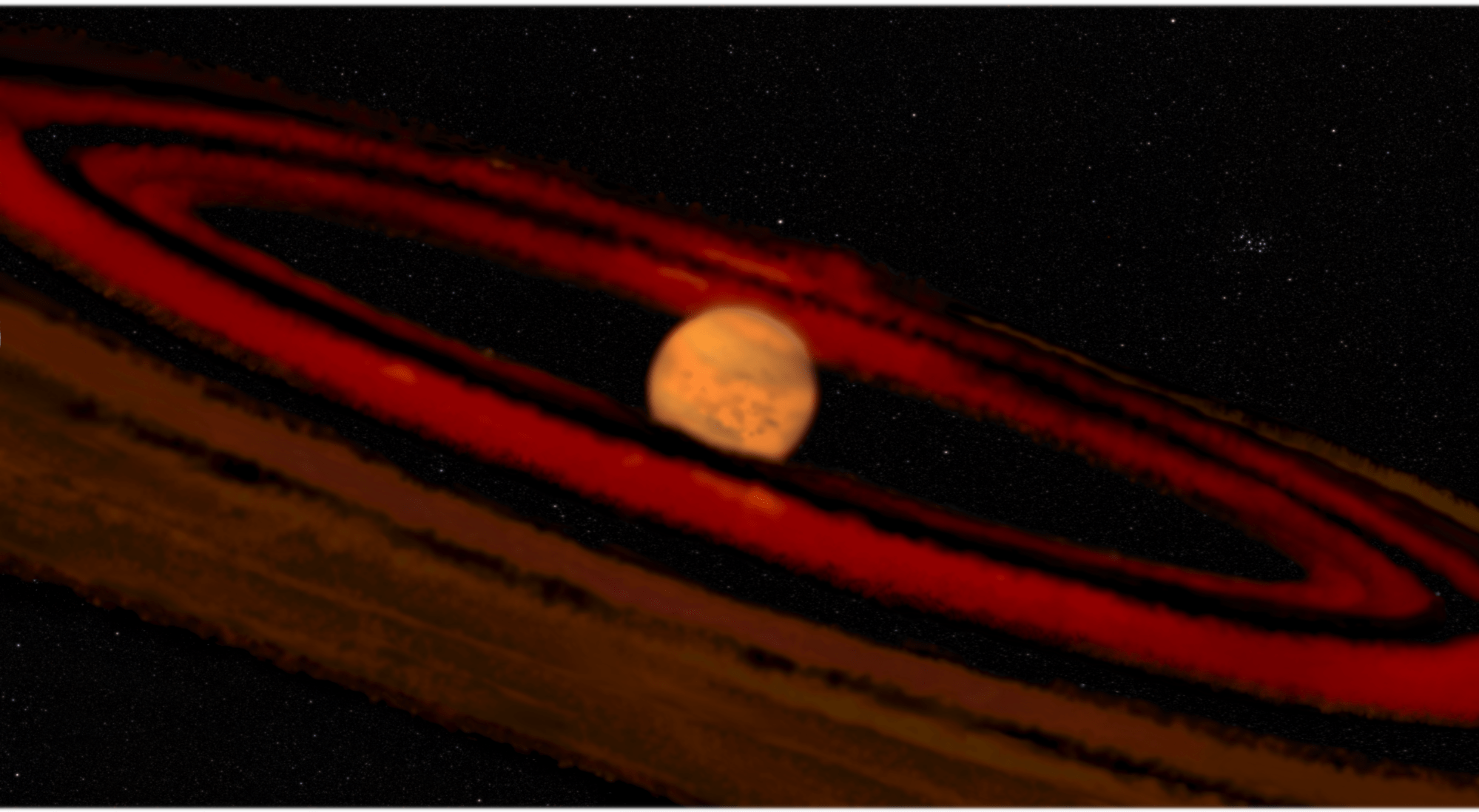 Image of an orange planet with red rings