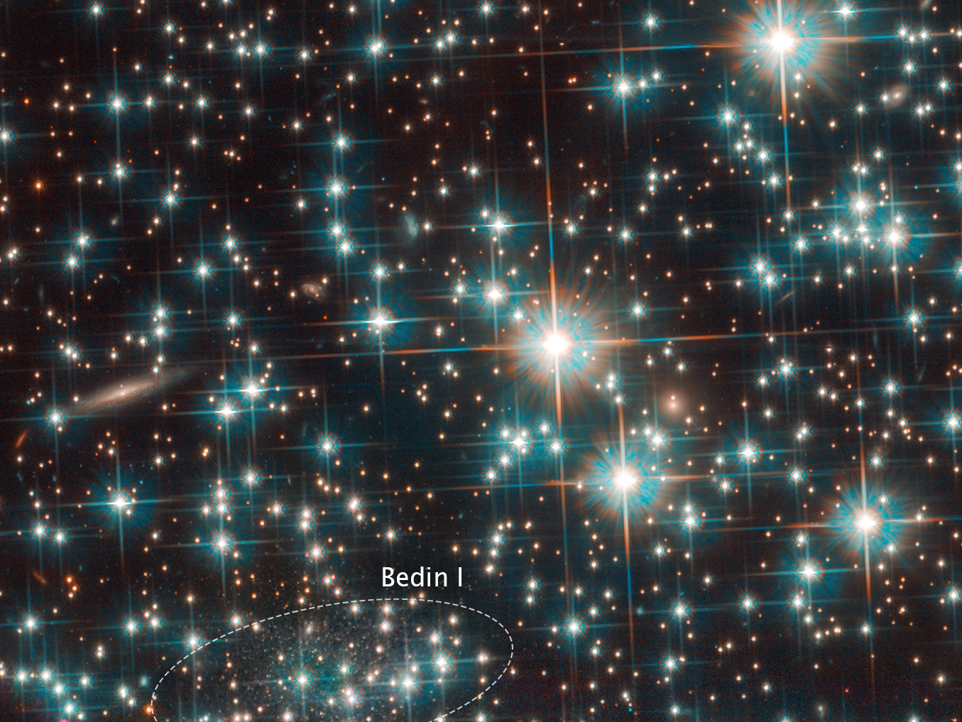 cluster of bright stars with distant galaxy outlined