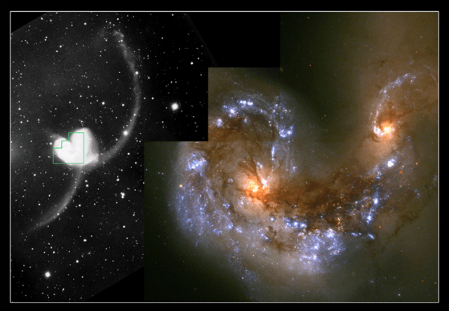 Left: black and white, wide-field view of two galaxies colliding. Right: Hubble image of the two galaxy cores, intertwined. The cores are bright yellow-orange. Sweeping around the cores are bright bluish-purple areas of star formation. Rusty-brown clouds and filaments give them a knotted appearance.