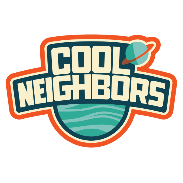 Puffy text in cream reads Cool Neighbors and sits on top of a cartoon style planet with another planet in the upper right corner. The logo is surrounded by a thick orange stroke line.