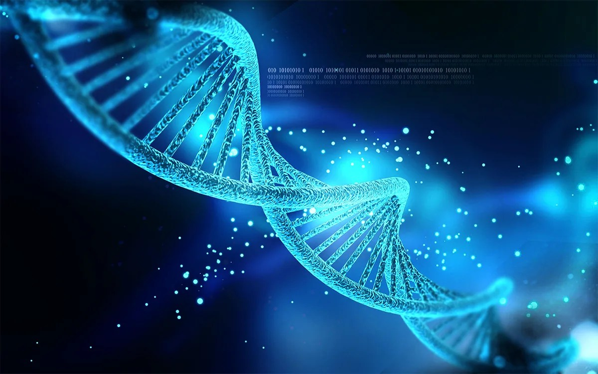 DNA strand illustration shows the spiralling ladder helix in blue against a glowing blue mist.