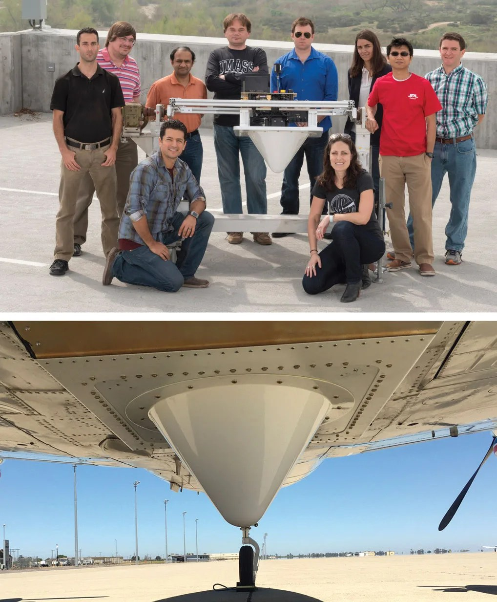 Photo of DopplerScatt team at JPL and Photo of DopplerScatt aboard an aircraft