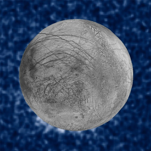 Composite image of Europa superimposed on Hubble data. A grey scratched circle is surrounded by a blue pixelated background.