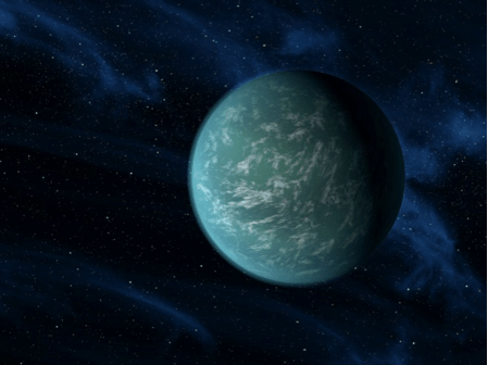 Figure 2. An artist’s rendition of a possible water-ocean planet called Kepler-22b that has 230 day orbit and is in the habitable zone of its star. Credit: NASA