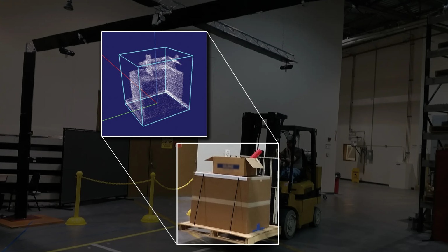 A forklift carrying packages, with a cutout of a computer scan superimposed. The scan shows a blurry version of the packages inside an outlined cube.