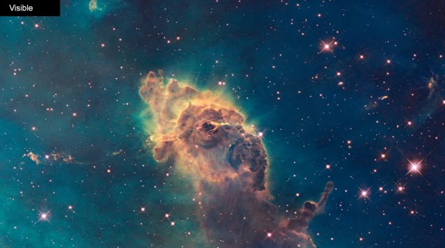 A dark greenish-blue background that is lighter on the left side than it is on the right. Rising up from the bottom-center of the image is a golden-orang pillar of gas and dust. Stars dot the background.