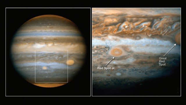 Left: an image of Jupiter pointing out the location of the smaller red spot. Right: a Hubble image showing detail of the small red spot.
