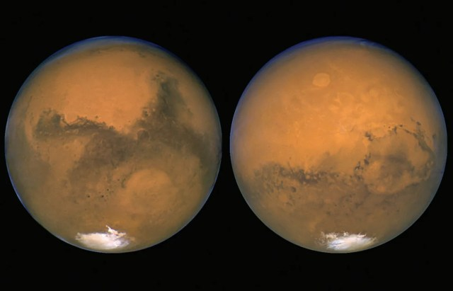 Two images of rusty-red Mars, one of each hemisphere. Each shows its icy-white south polar cap.