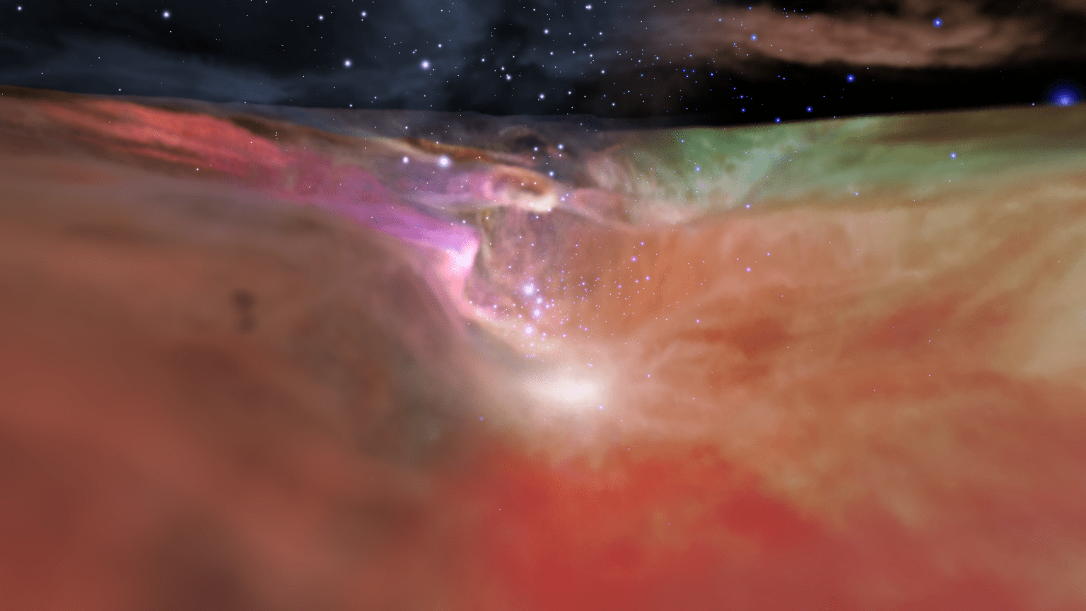 An undulating cloudscape of orange, yellow, green, red, pink, and purple gas clouds fill the bottom three-quarters of the image. A bright-white star sits withing the clouds just below image center. Above that star, the gas cloud thins out and a cluster of bright blue-white stars is visible through the mist. Top quarter of the image is black with scattered stars and a rusty-orange-band of clouds at upper right.