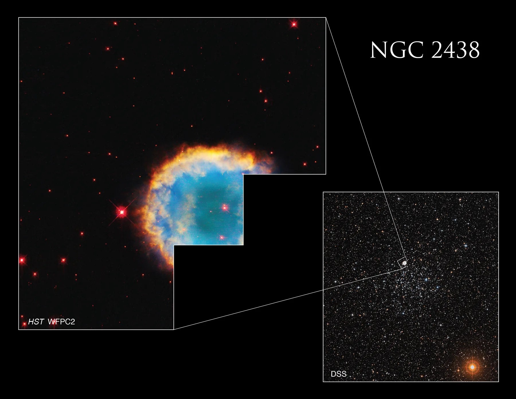 Upper right: NGC 2438. Red-orange and yellow ring the turquoise center of this spherical planetary nebula. Lower left: the open star cluster, M46, with NGC 2438 in its upper-left quadrant.
