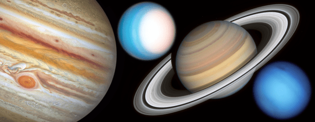 Hubble image left to right: Jupiter, Uranus, Saturn, Neptune