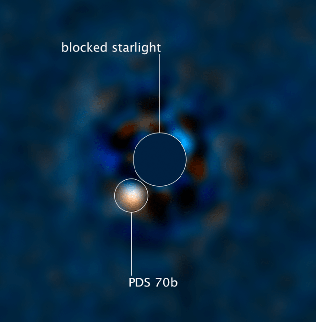 blue background, central star's light blocked, bright spot (PSD 70b) next to the star at 7 o'clock