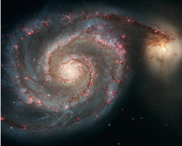 A large face on spiral galaxy with distinctive arms filled with rusty-brown, dust lanes and pinkish-red star-forming regions. One spiral arm extends off to the right, at the end of this arm is another galaxy. It looks like a bright, yellow-white ball of stars.