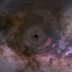 Stars and black, pink, and bluish-purple clouds of gas and dust swirl into a black hole at image center.