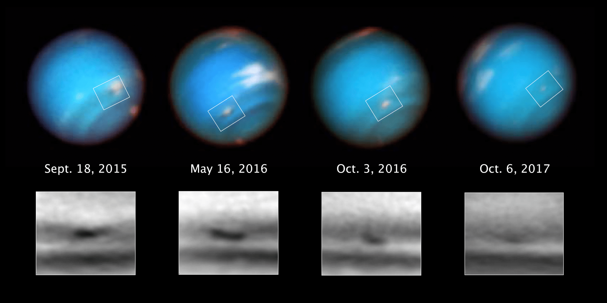 four part image with globes of neptune over BW closeups