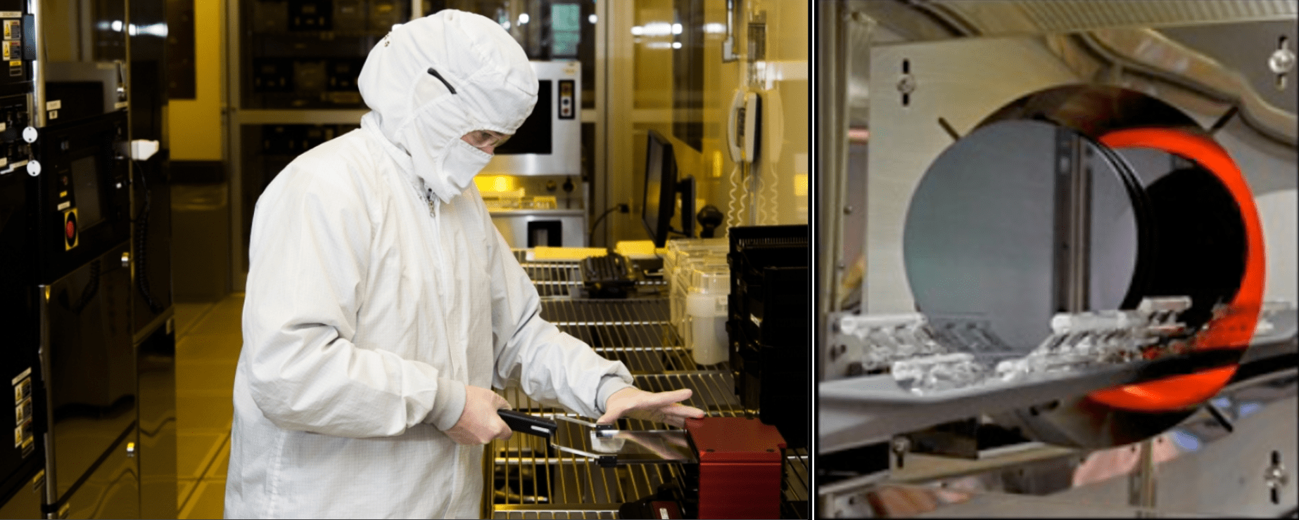 Two photos side by side. Left side: a person wearing a white protective lab suit and hat stands at a lab station working with a lithography tool. Right side: photo of the metal grey furnace with small white silicon wafers inside.
