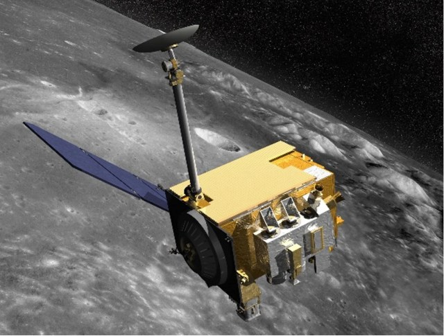 The image consists of a gold, rectangular-shaped satellite orbiting above the lunar surface. There are different instruments that make up the satellite, such as an array of blue solar panels on the left side and a long gray bar with a satellite dish at the end of it on the top face.