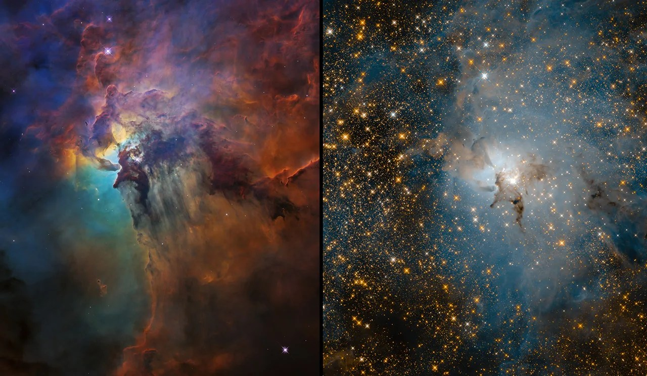 visible light (left) and infrared light (right) views of the Lagoon Nebula