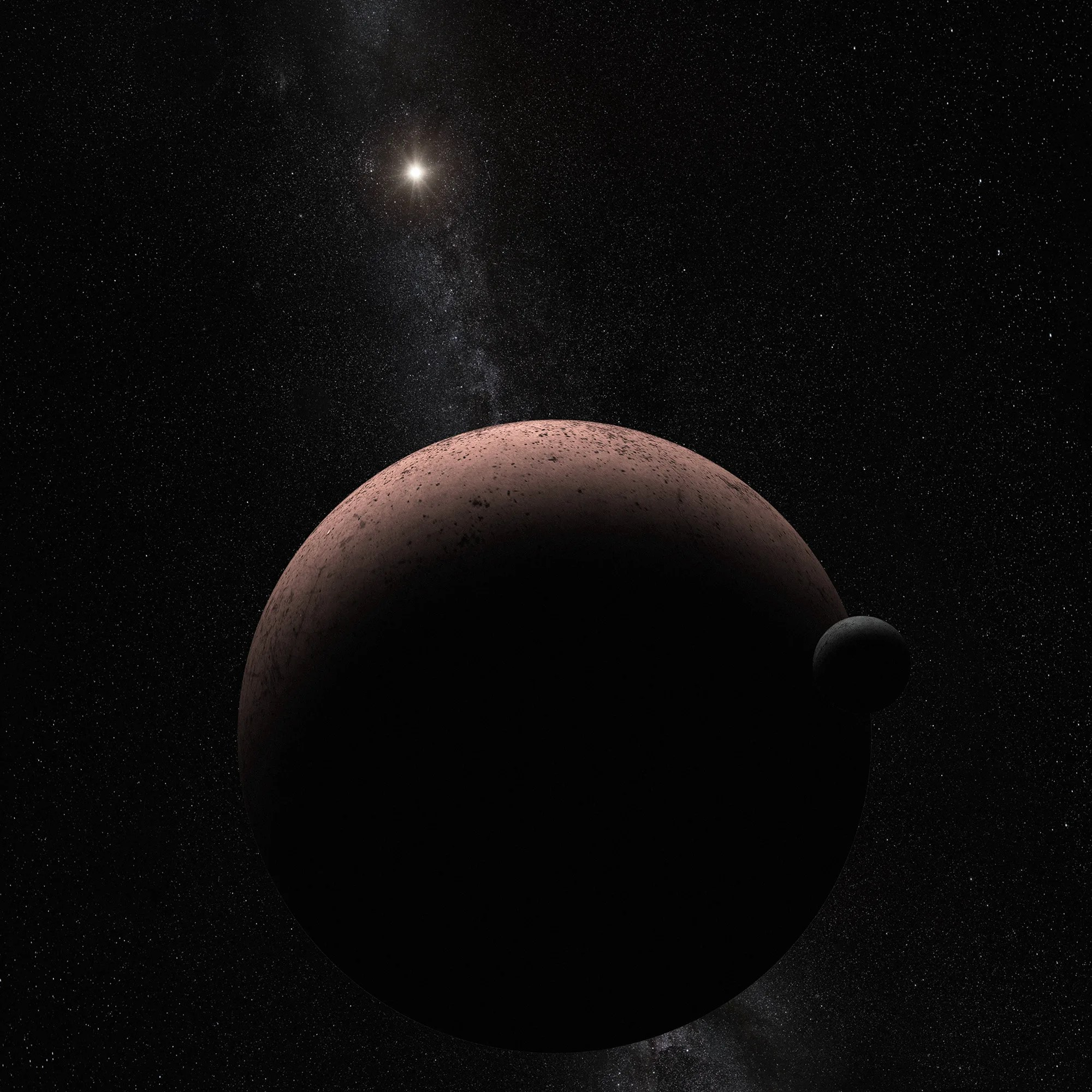 This illustration shows a dim, reddish sphere against black space, with light from a star above it cast across its surface. A smaller sphere, a moon, is visible at the lower right of the bigger sphere.