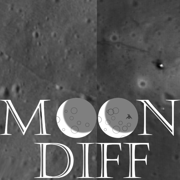 Two images of the moon's surface side by side, the left side is lighter than the right side and a new impact crater is highlighted in the right image. The title "Moon Diff" overlays the images. The "O's" in moon are images of the moon.