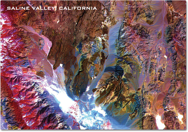 A false color satellite image revealing varied soil composition in the valley.