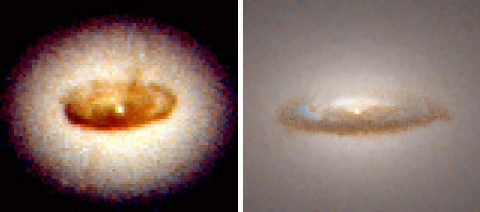 Two images. Left: A yellow-orange, and reddish disk (looking like a doughnut) surrounded by broader white and rust colored disk. Right: A nearly edge-on rusty-colored disk the far side appearing more white.
