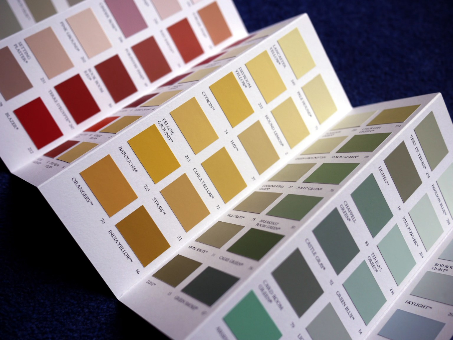 A paint color sample chart showing red, yellow and green colors, partially folded.