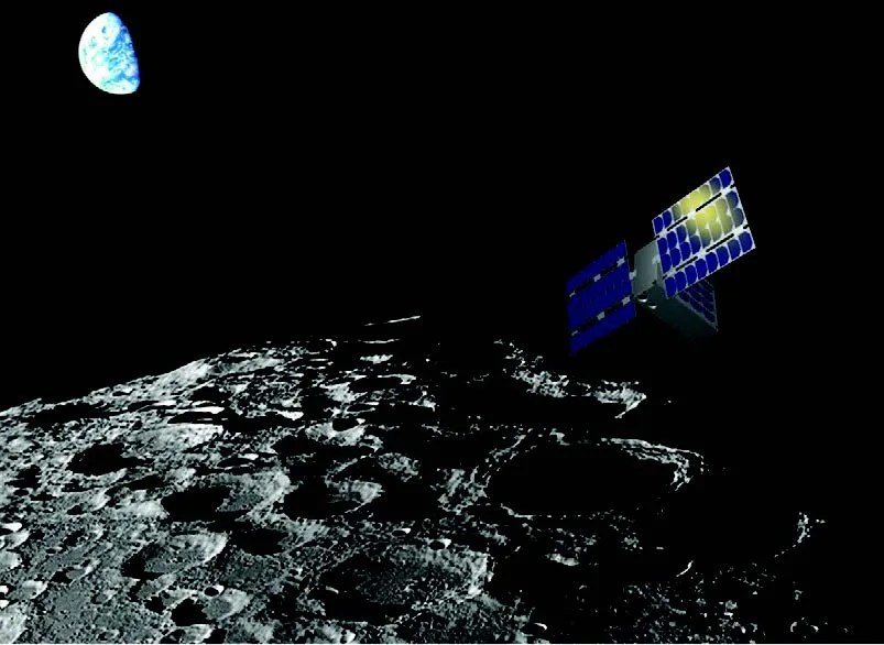 Artist depiction of cubesat over the Moon