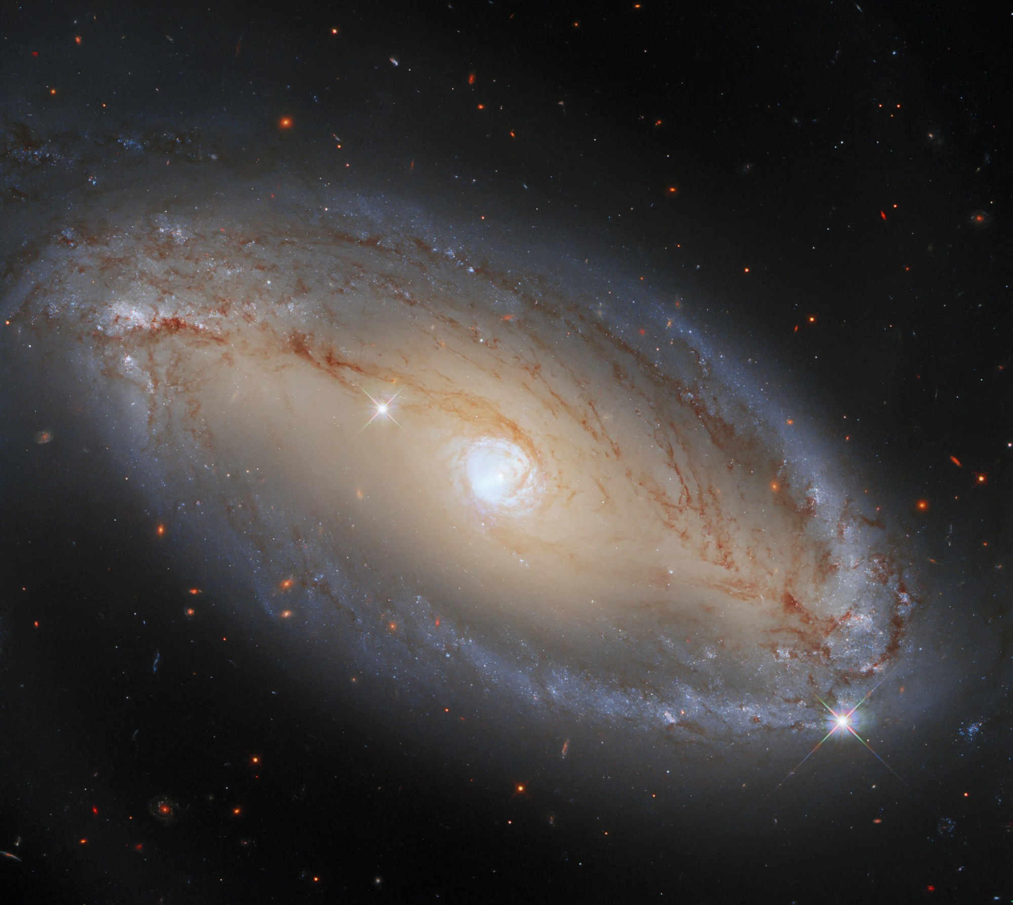 In this image, ncg 5728 appears to be an elegant, luminous, barred spiral galaxy.