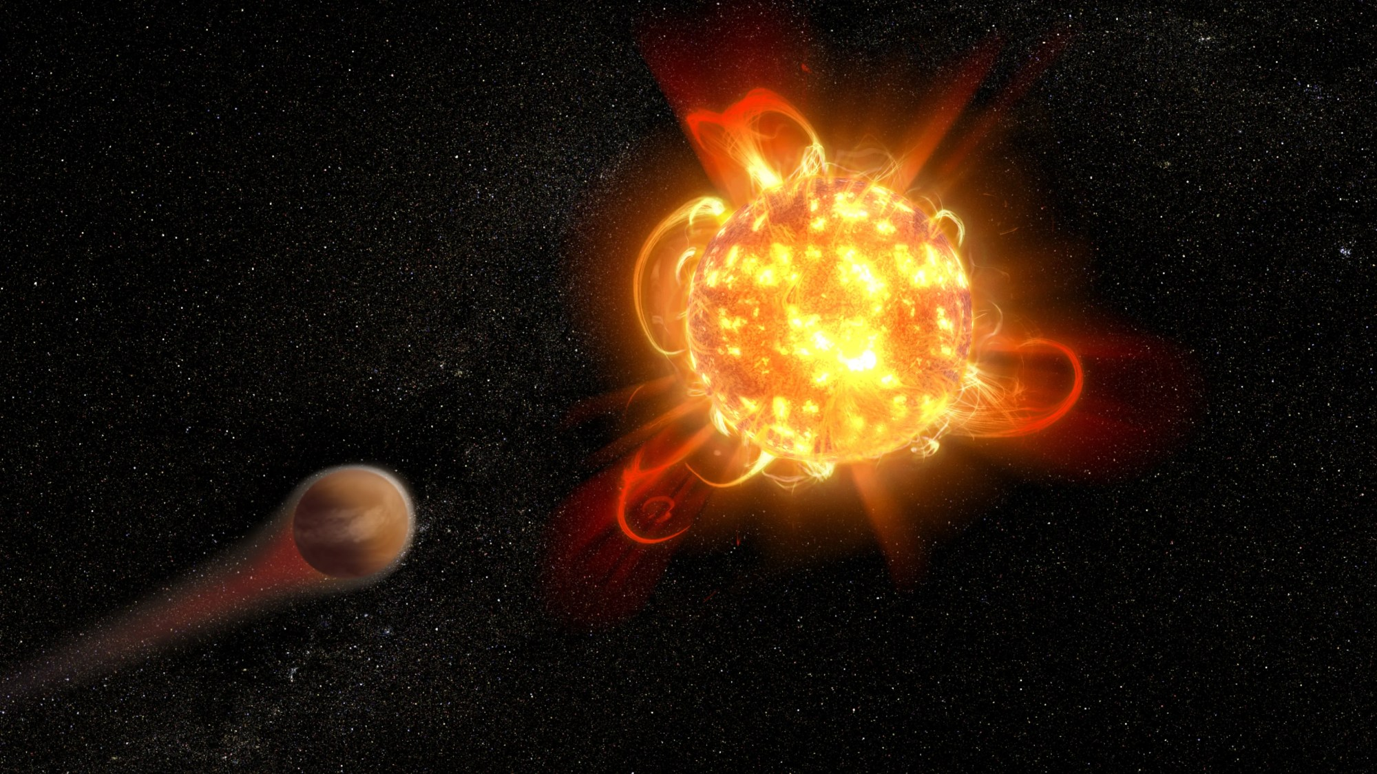 artist's sketch of red dwarf and steaming planet