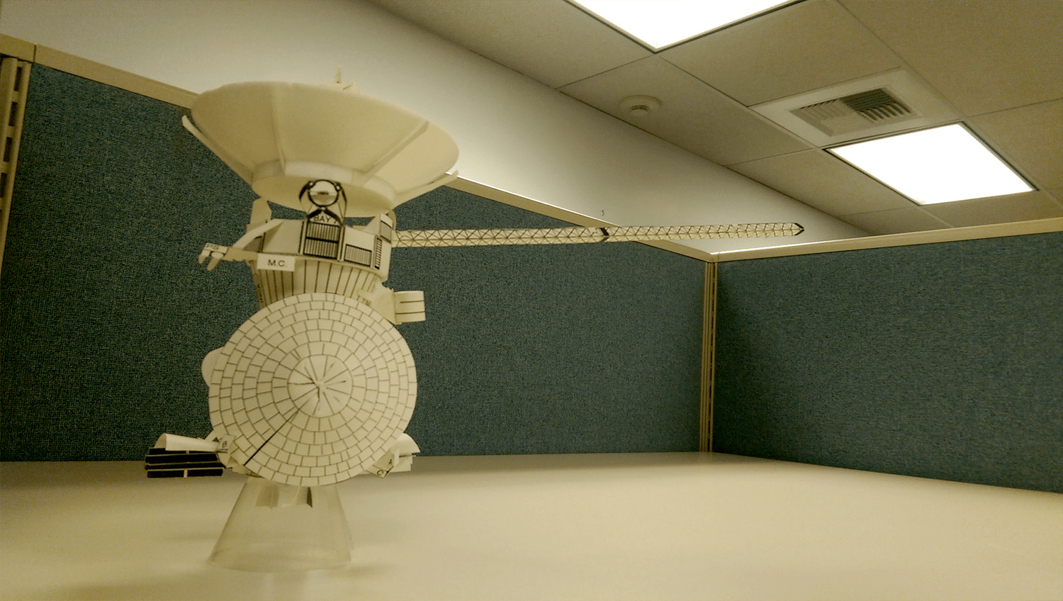Photo of assembled paper model of Cassini spacecraft