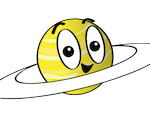 Cartoon-like illustration of Saturn and its rings. Saturn is yellow and the rings are white.