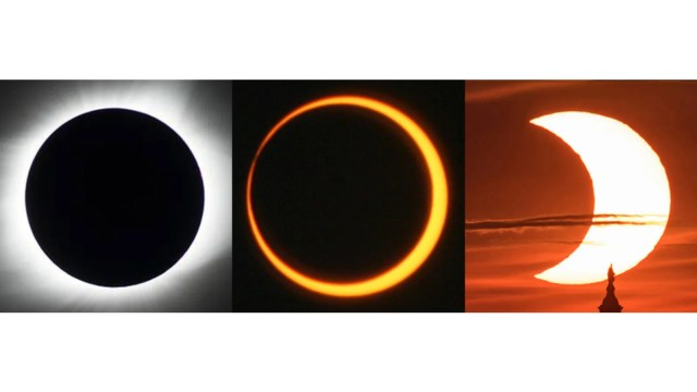 From left to right, this image shows a total solar eclipse, annular solar eclipse, and partial solar eclipse. A hybrid eclipse can appear as either a total or annular eclipse (the left and middle images) depending on the viewer's location.