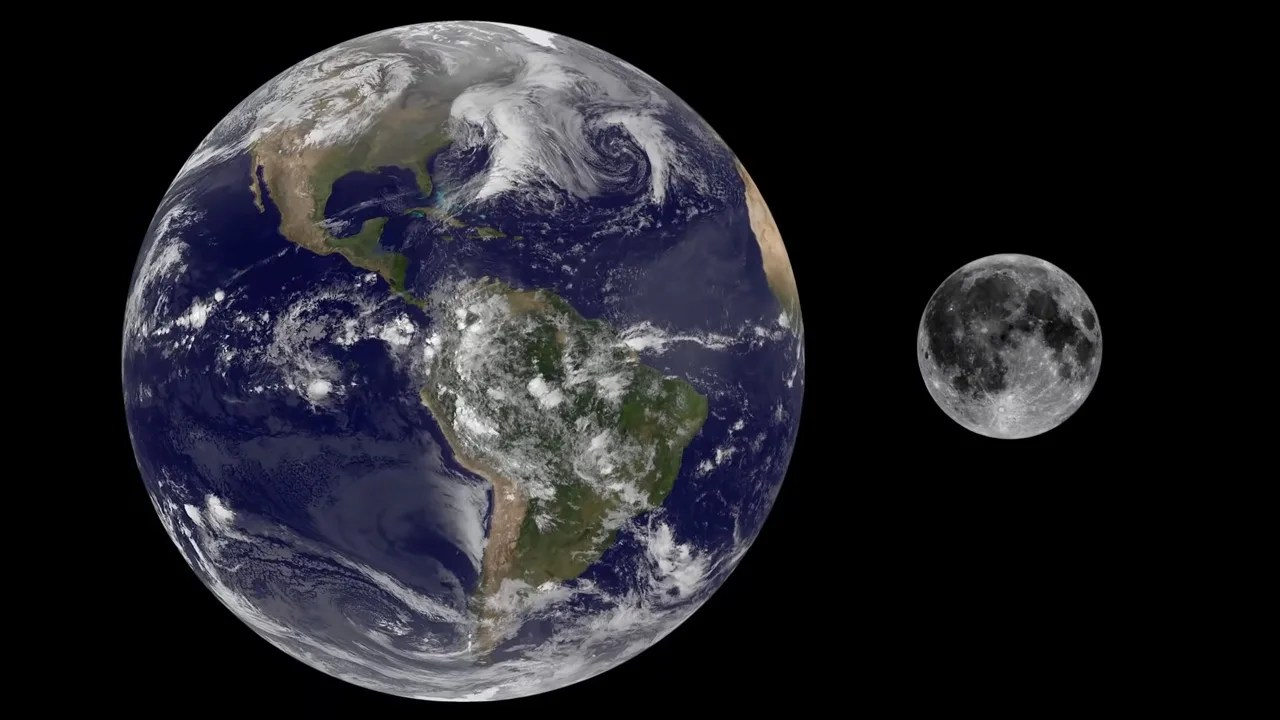 Comparison of the size of Earth and the Moon