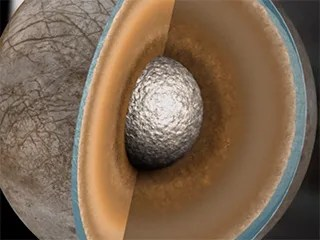 A slice of a sphere, showing a small metallic sphere at its center, with tan rings around it.
