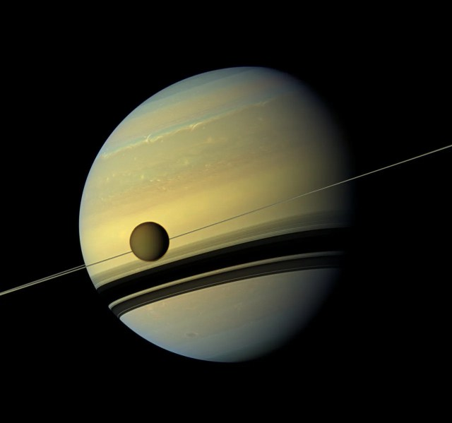 This Cassini image from 2012 shows Titan and its host planet Saturn. Credit: NASA/JPL-Caltech/SSI