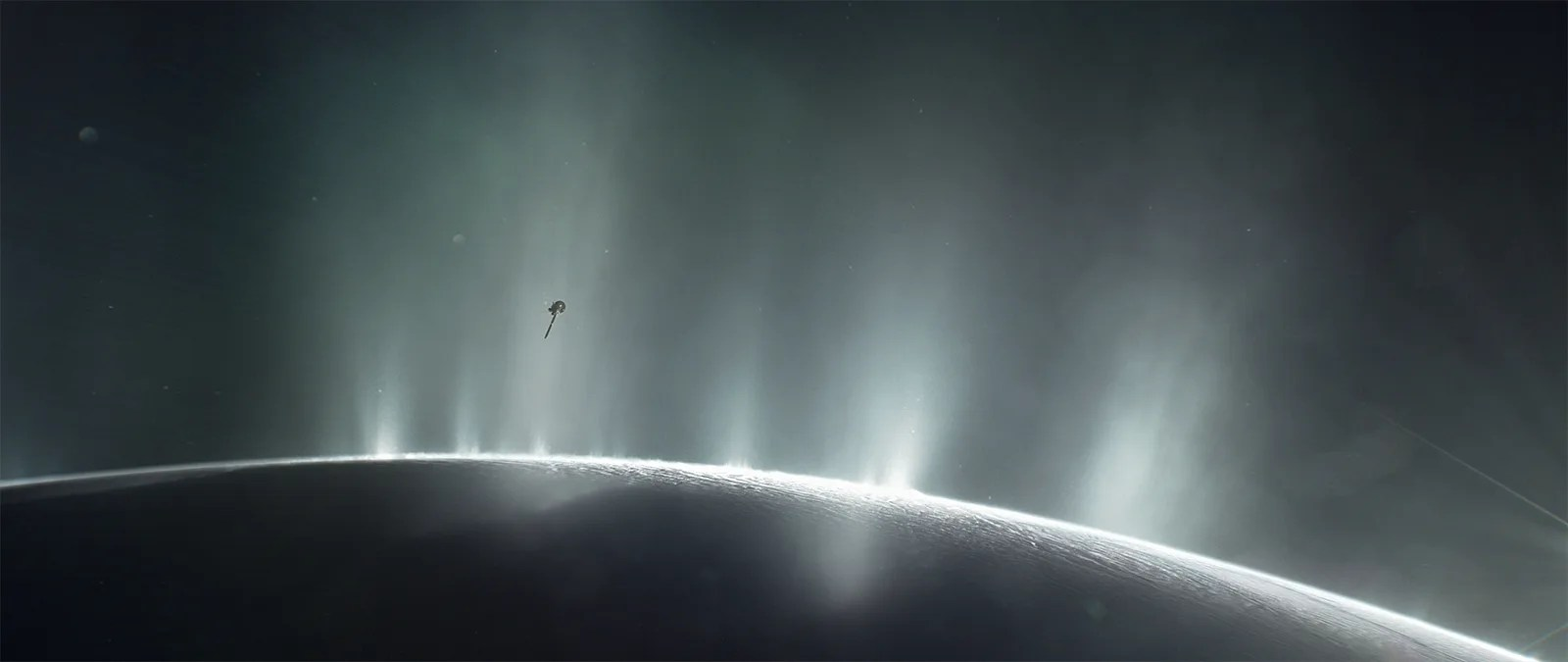 An illustration of Cassini flying through Enceladus' plumes